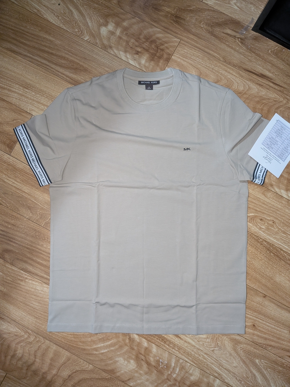 Michael Kors Beige Short-Sleeve Logo Crewneck Tee with Branded Sleeve Trim